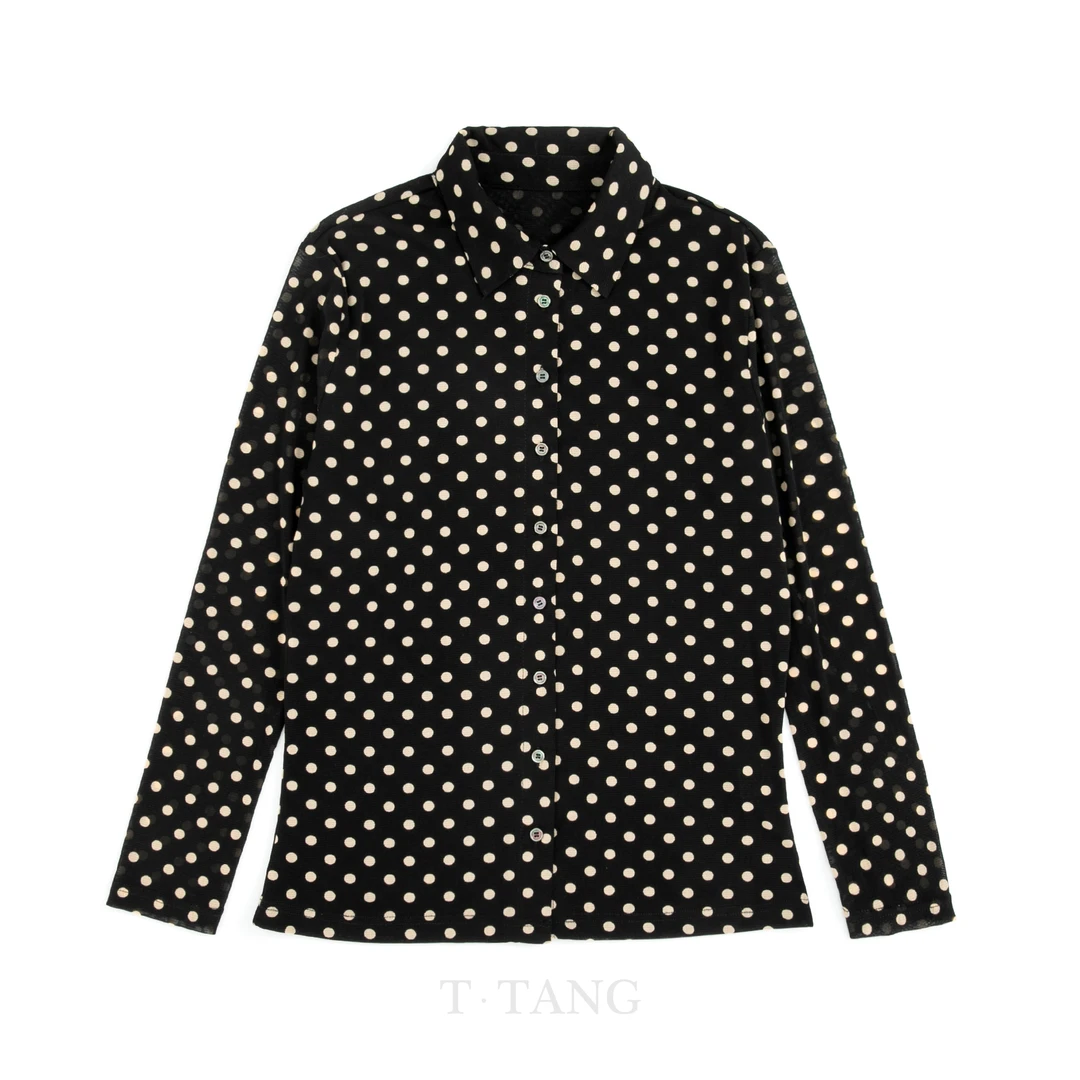 FL休闲网纱印花百搭时尚宽松修身显瘦波点衬衫黑色衬衣上衣【3063】