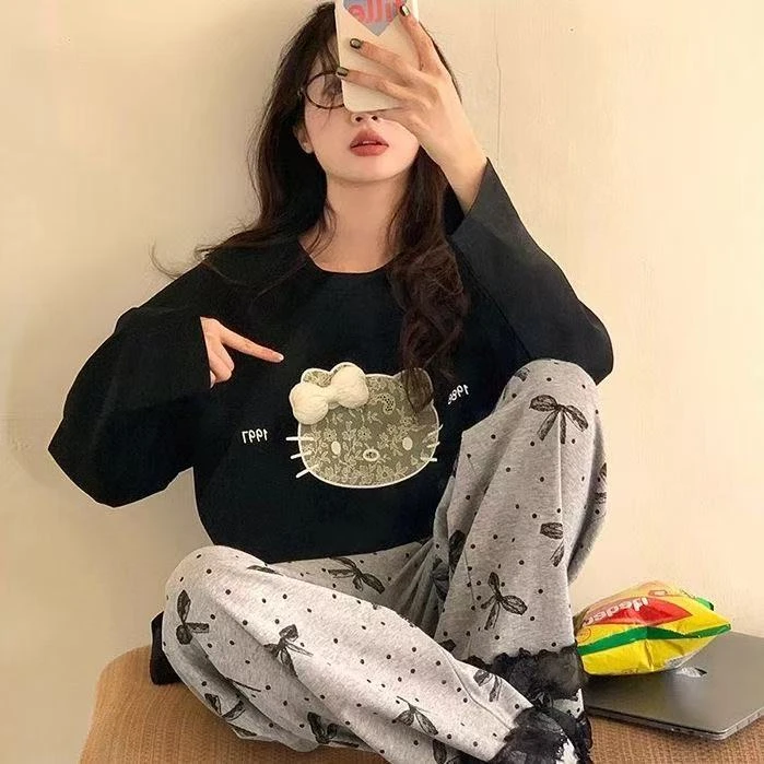 甜美蝴蝶结波点KT猫睡衣女春秋新款ins印花休闲宽松家居服可外穿