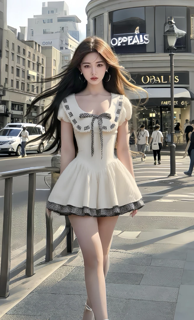 夏季新款杏色U领短袖收腰连衣裙女小众时尚温柔千金风高级氛围感