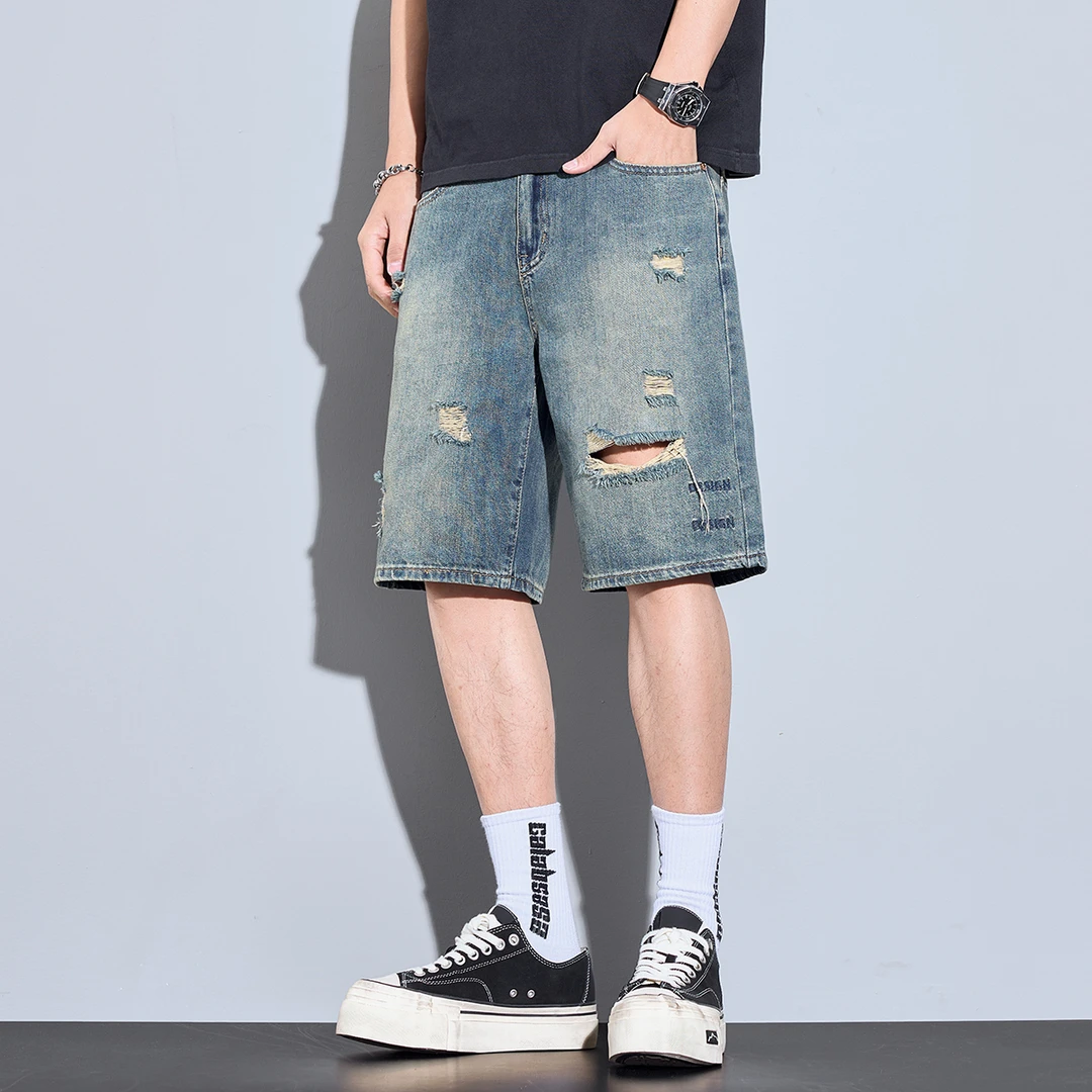 Kuvine美式薄款破洞牛仔短裤男士潮牌宽松休闲大码五分裤夏季中裤