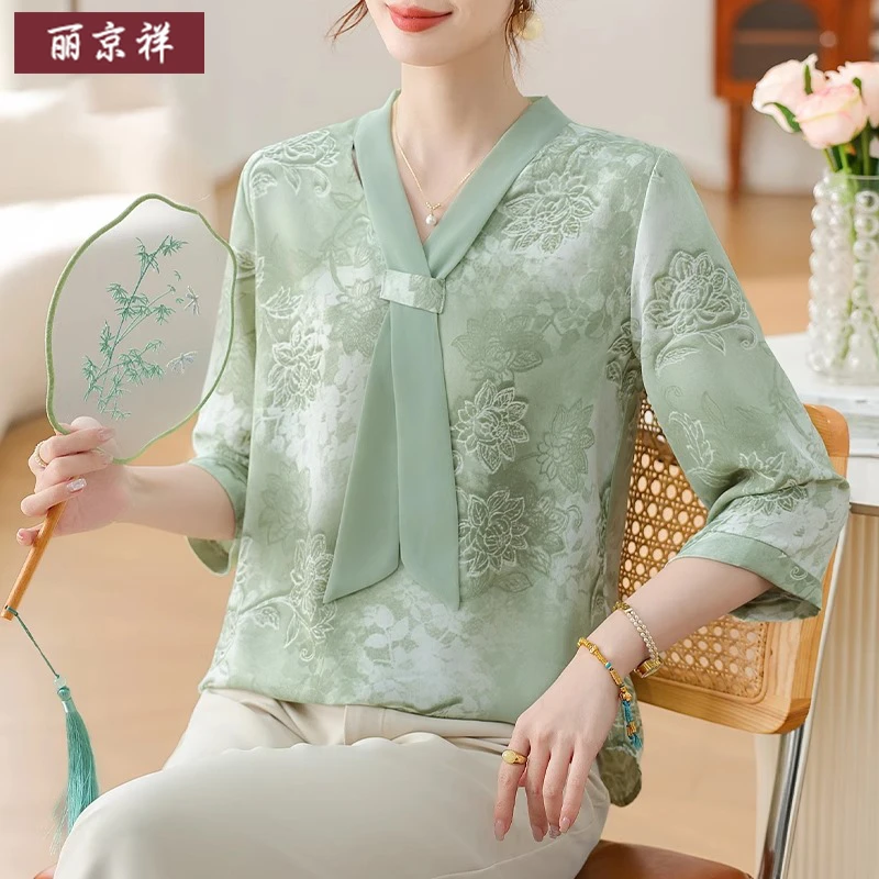 中年气质妈妈夏装2025新款七分袖T恤中老年国风洋气夏季中式上衣