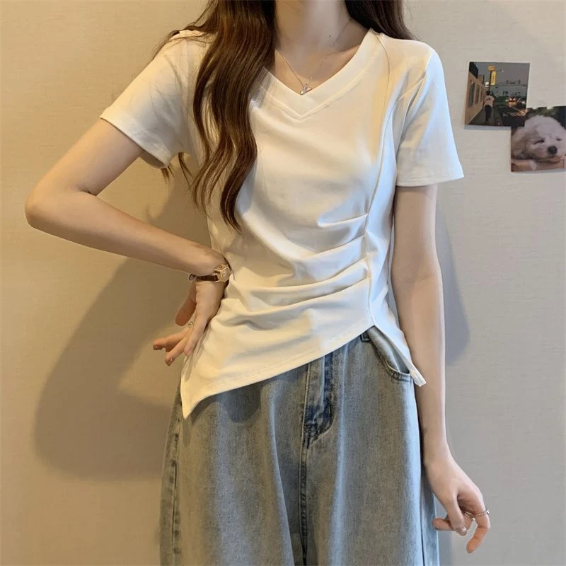 棉质小众开叉短袖t恤女大码正肩v领百搭修身不规则上衣夏季新款潮