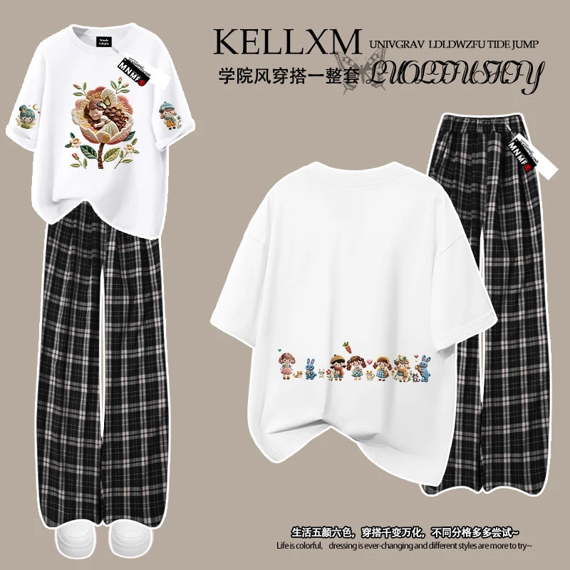 女童卡通小花仙仿刺绣夏季套装纯棉短袖T恤格子长裤洋气两件套潮