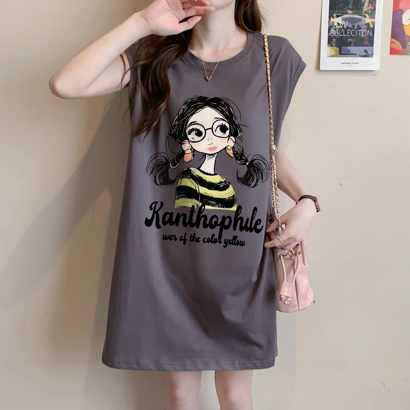 宽松oversize无袖纯棉T恤裙夏季韩版时尚大码百搭设计感卡通上衣