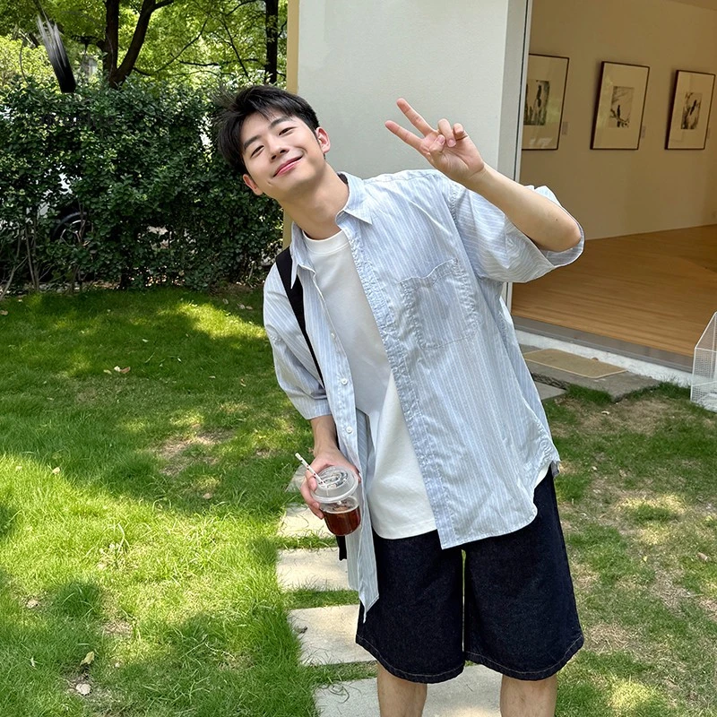VALVOELITE暗物质蓝色休闲条纹衬衫短袖男生夏季新款百搭宽松休闲