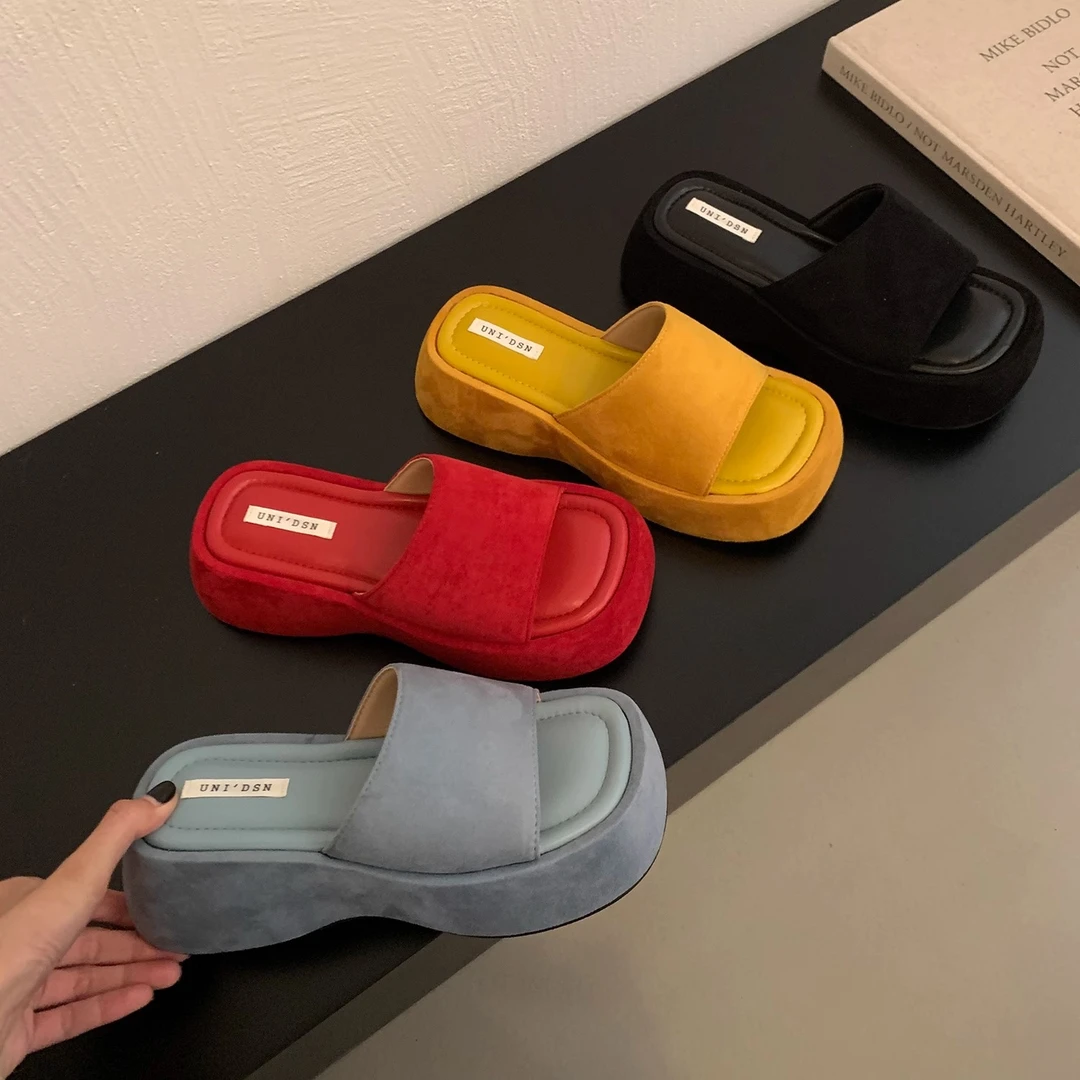 TAFN厚底凉拖鞋女2025年夏季外穿新款法式仙女风松糕坡跟沙滩一字