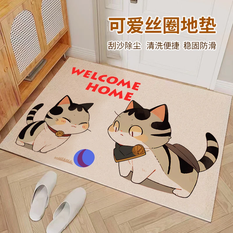 高品质pvc卡通猫咪丝圈地垫入户门进门口防滑垫可裁剪印花除尘地