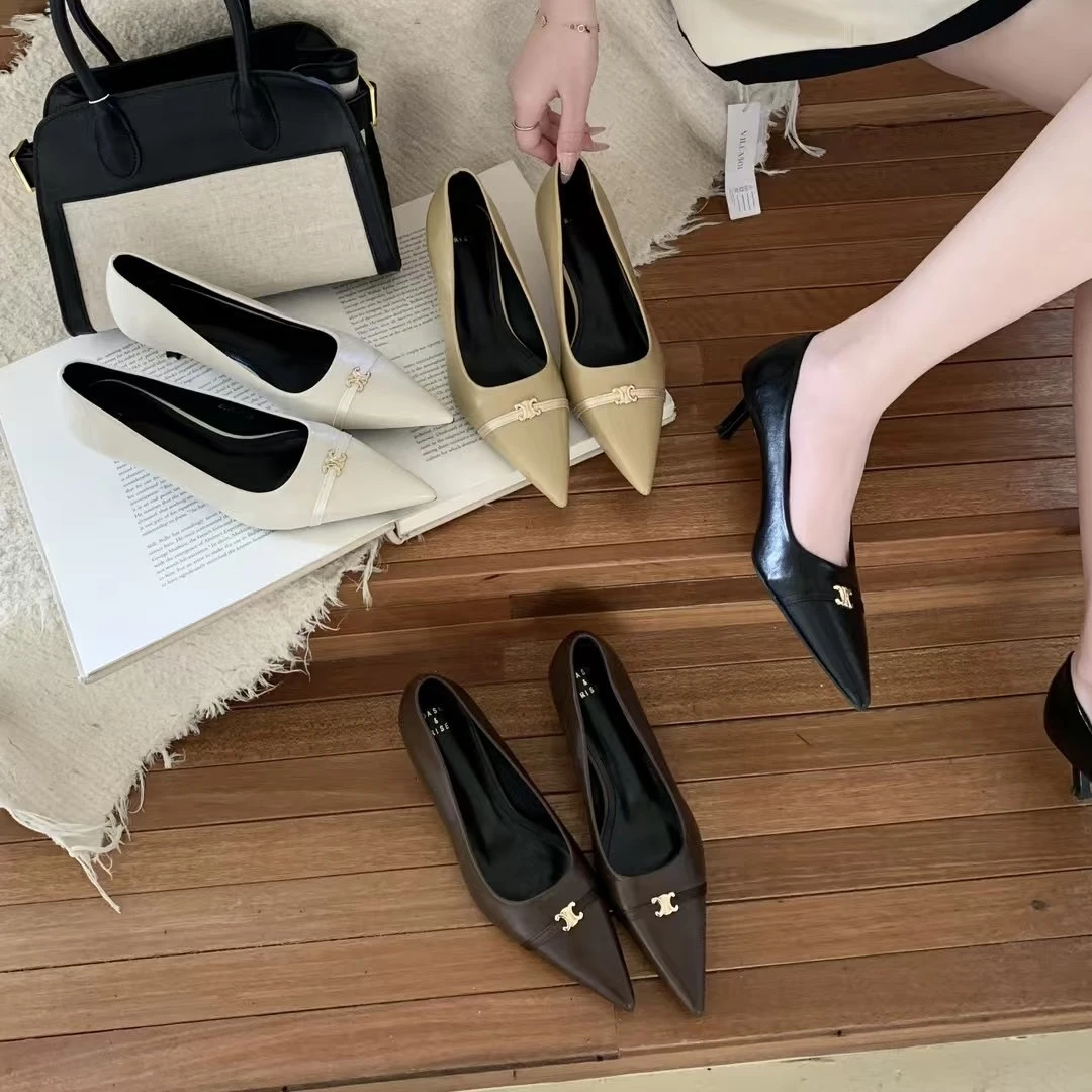 2025新款小香风通勤一脚蹬气质温柔高跟鞋尖头配裙子百搭浅口单鞋