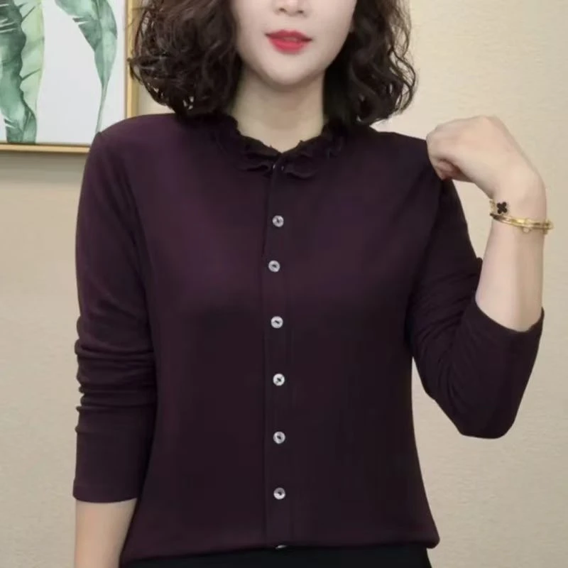 秋冬新款时尚花边领半高领遮肚减龄妈妈纽扣长袖中老年打底衫上衣