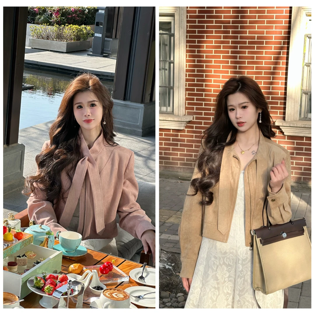 QC李潇洒【新野之风】微胖大码春款随性古铜扣立领拼领带设计短款外