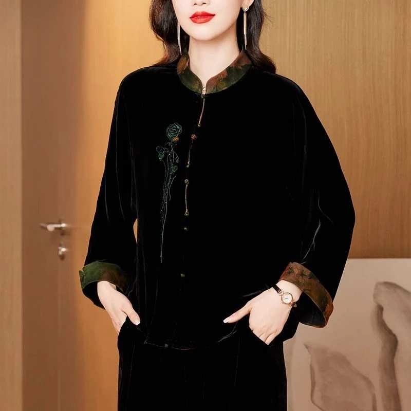 真丝绒上衣女新款中国风外套中式2025桑蚕丝金丝绒新中式丝绒真丝