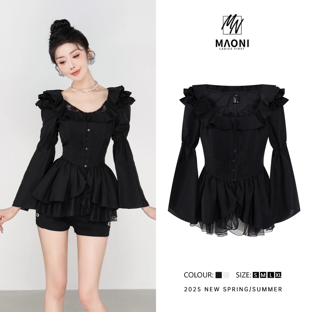 毛妮Peshe【荷叶边衬衫】蕾丝拼接宫廷风法式纯欲上衣2025春L1269