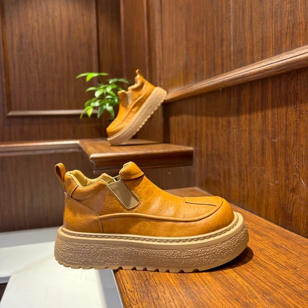 【文麒潮鞋】秋冬新款男鞋皮面厚底欧洲站保暖一脚蹬轻奢男士休闲鞋
