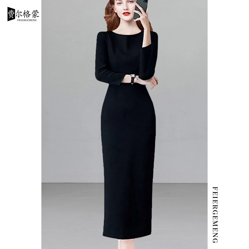 法式气质修身黑色连衣裙显瘦长袖名媛风秋冬时尚中长款裙子优雅潮