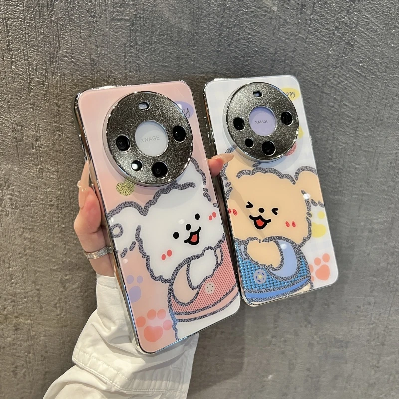情侣小狗适用华为mate60手机壳全包mate60pro玻璃壳烫金全包男女