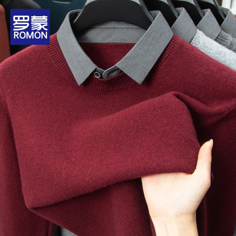 罗蒙男士冬季100%纯羊毛衫假两件红色针织毛衣男款休闲保暖打底衫