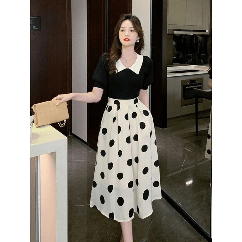 法式复古两件套波点裙装显瘦高腰上衣泡泡袖连衣裙套装