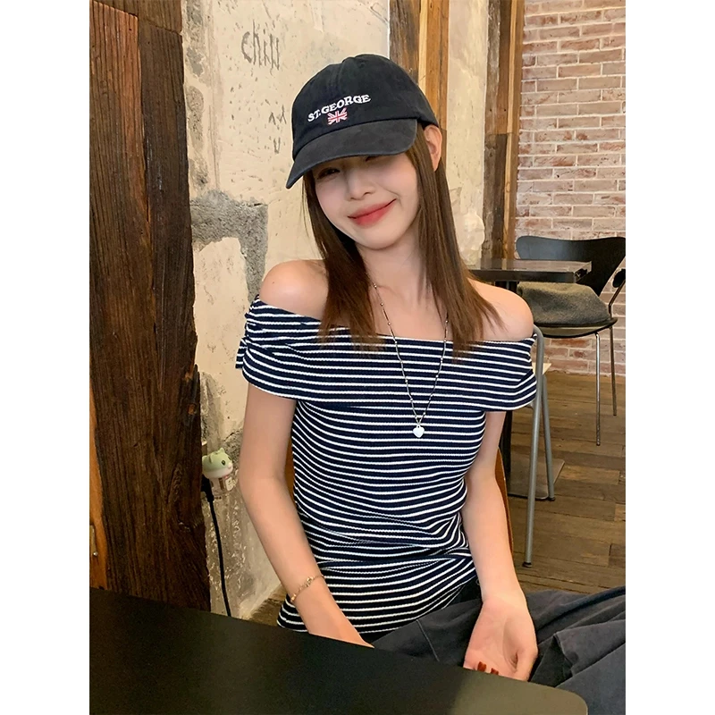 藏蓝色条纹一字肩短袖t恤女夏季辣妹修身百搭露肩显瘦上衣