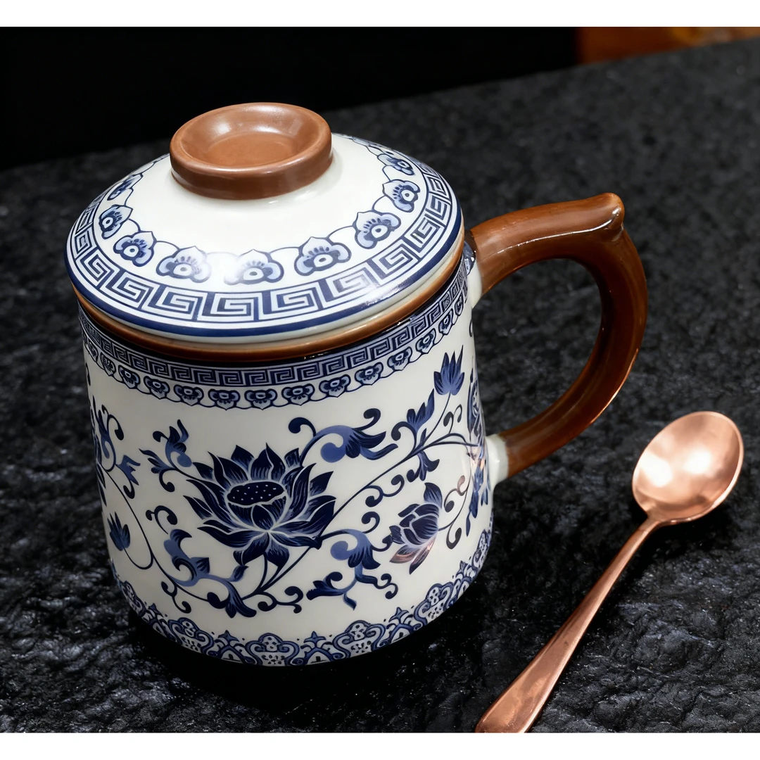 KK茗香瓷器米黄汝窑青花缠枝莲三件套陶瓷办公杯Y-4002