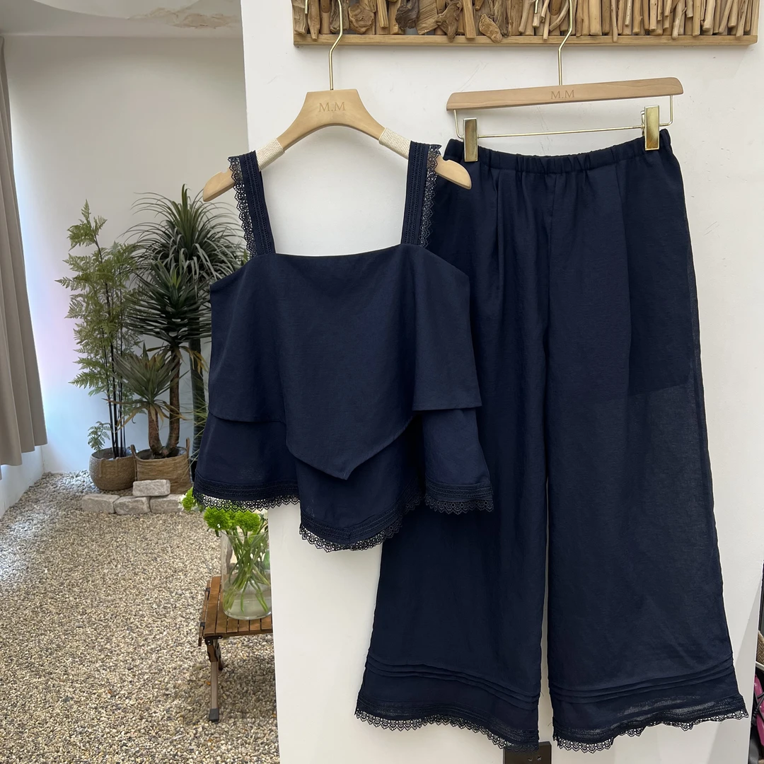 蓝色伊甸园_重工蕾丝层次拼接_气质时尚2025百搭普鲁士蓝度假套装