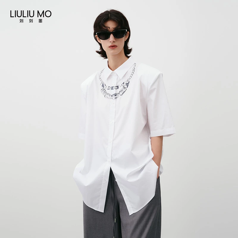 刘刘墨夏季设计百搭宽松显瘦舒适简约白色立体感链条印花衬衫上衣