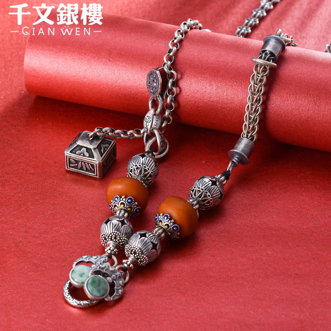 链子925银 古风万能链做旧百搭气质镶嵌老银链个性复古花链