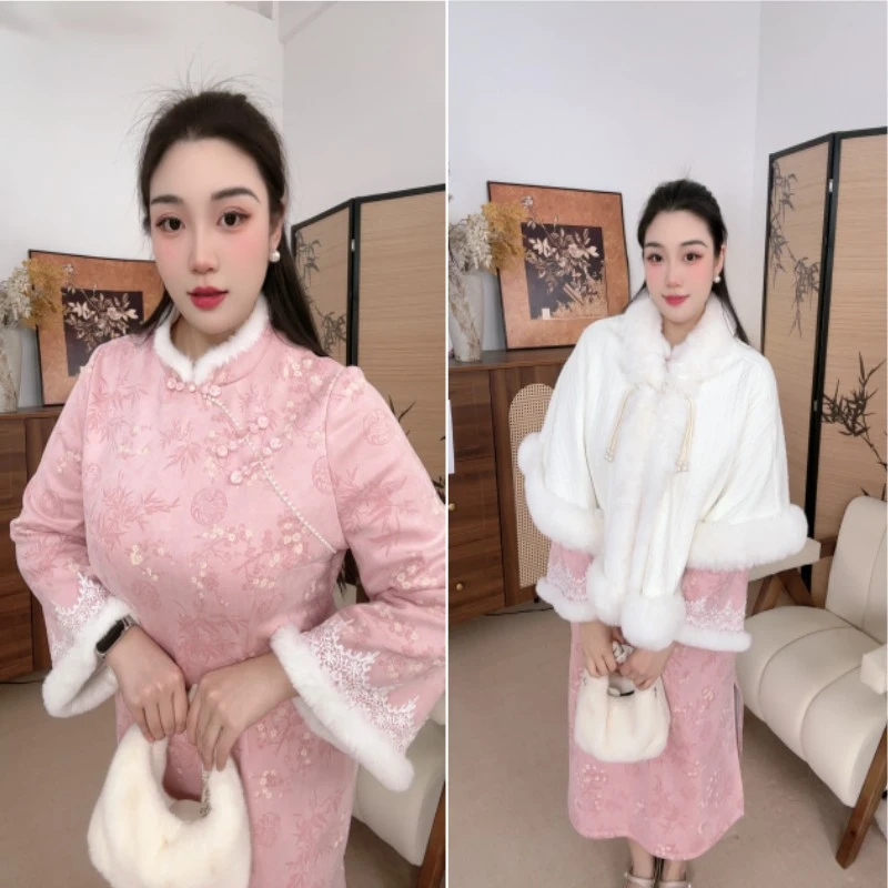 2026新款毛领长袖保暖高级感连衣裙胖mm冬季国风中式改良大码旗袍