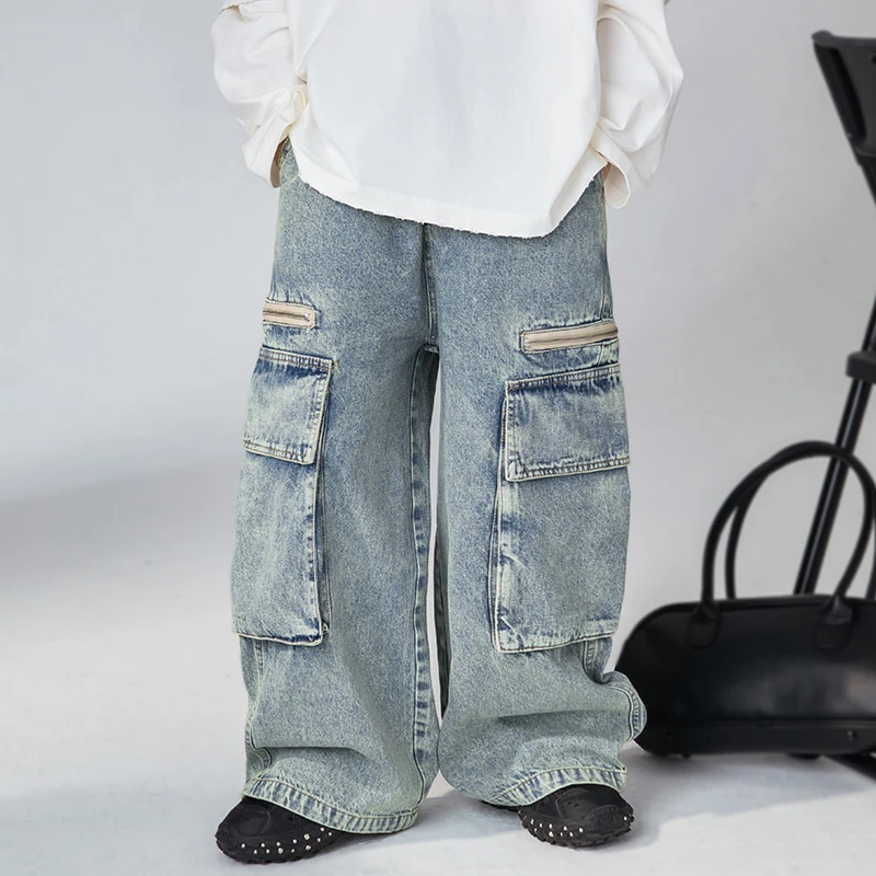 男童中大童春季新款时尚痞帅街舞工装大口袋拖地牛仔裤