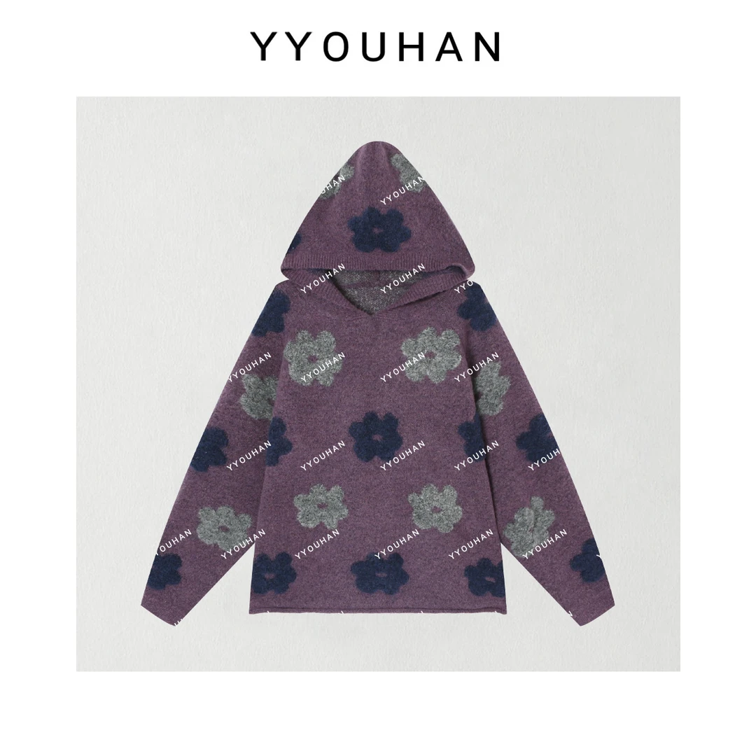 月月2025冬款新款小众设计百搭宽松女款花朵连帽毛衣 2510C6744