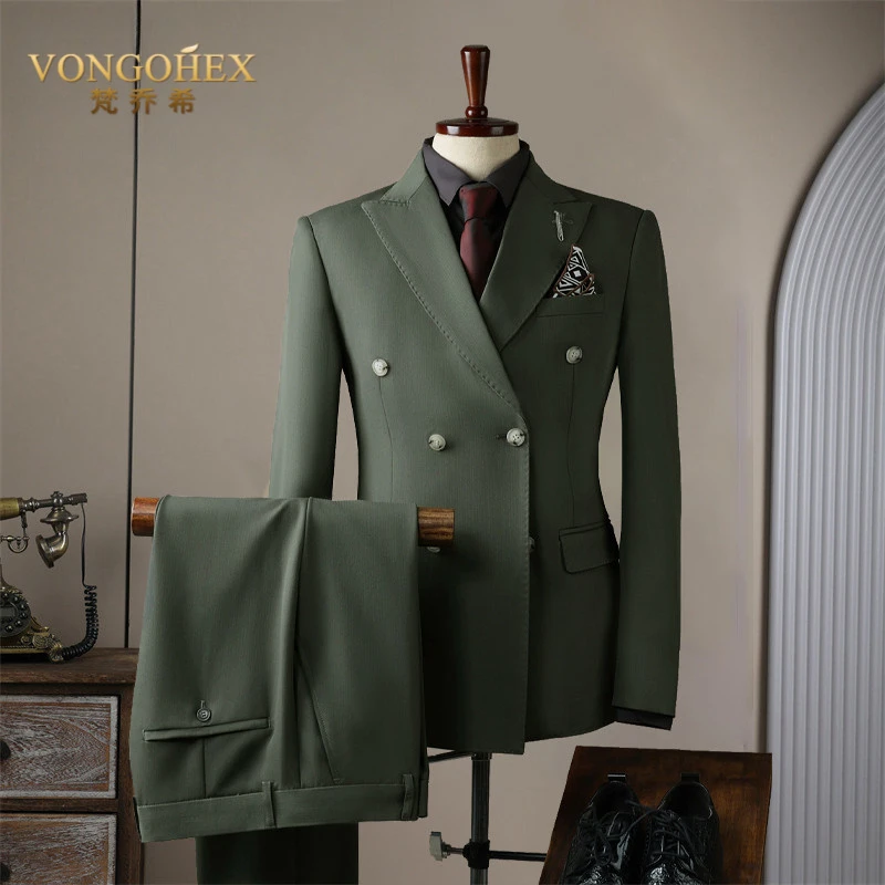VONGOHEX双排扣西服男套装高级感商务正装暗条纹新郎结婚春秋礼服