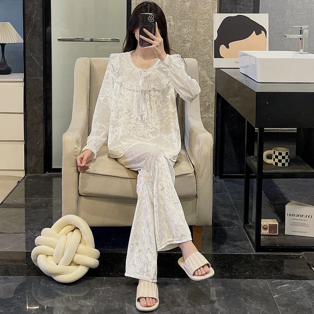 蕾丝蝴蝶结睡衣女秋冬季金丝绒长袖长裤保暖网红风白色家居服套装