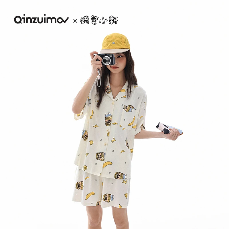 亲嘴猫【蜡笔小新】夏季莫代尔棉短袖睡衣女翻领家居服套装可外穿