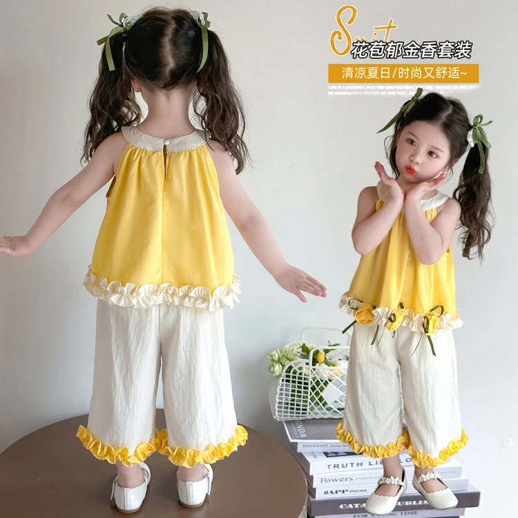 女童挂脖套装洋气儿童夏季2025新款女宝宝阔腿裤两件套小女孩时髦