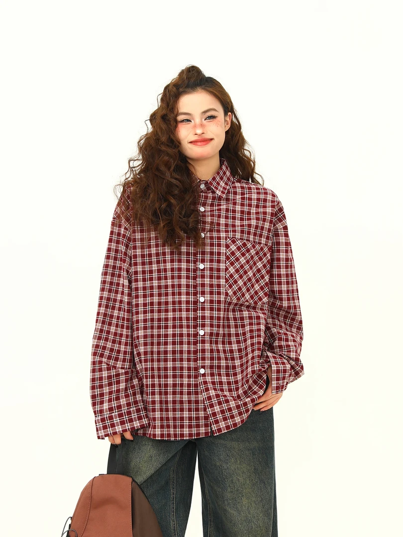 A1MP美式复古红色格子衬衫男女款痞帅春秋休闲长袖外穿格纹衬衣潮