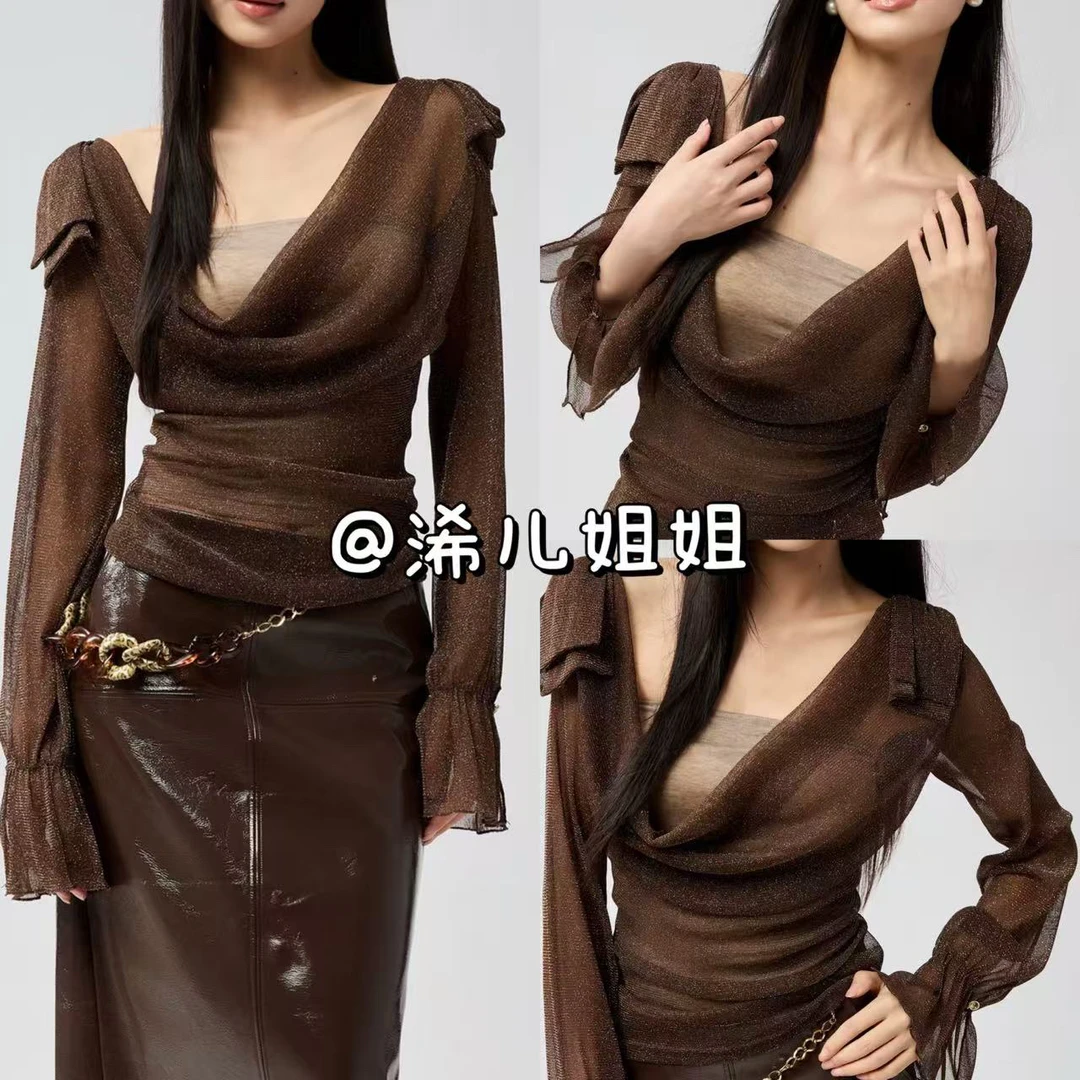 （浠儿家）秋季细闪蝴蝶结纱纱荡领上衣千金不规则长袖T恤女