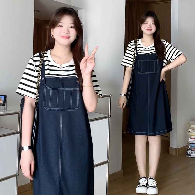微胖的喵喵 大码mm夏季宽松显瘦韩系休闲假两件短袖连衣裙子 2042