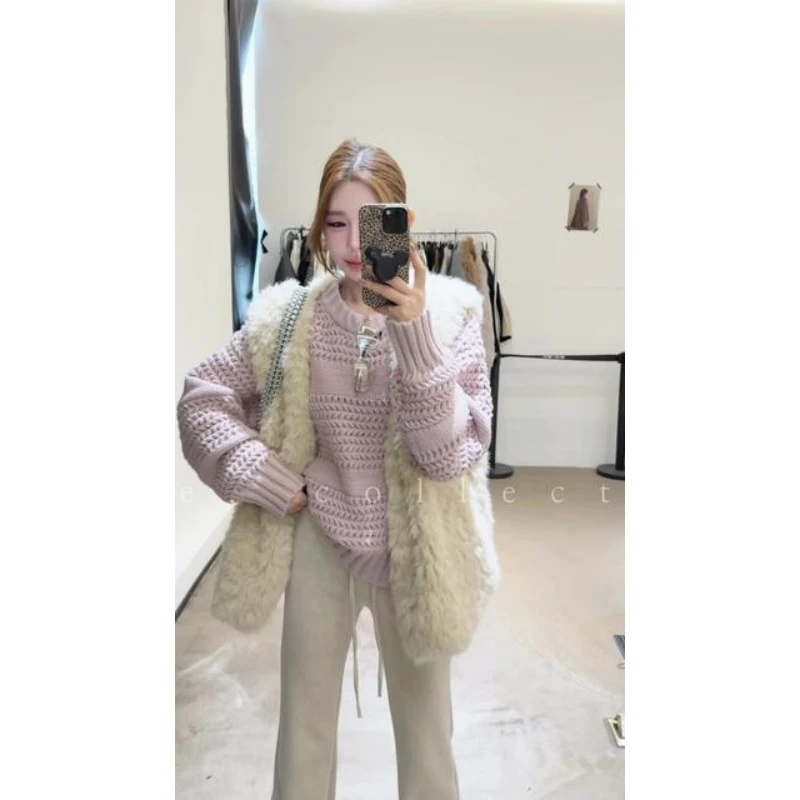 MARIE.COCO法式甜美风冬季毛绒绒马甲外套粉色套头毛衣微喇休闲裤