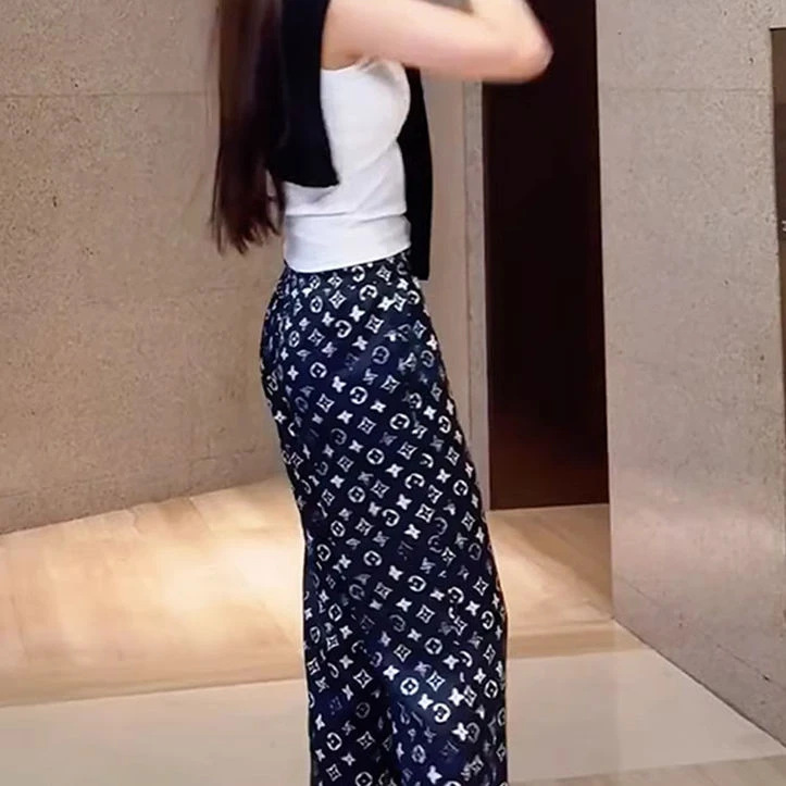 藏青色印花缎面薄款休闲裤女夏季新款垂坠感高腰拖地裤宽松直筒裤