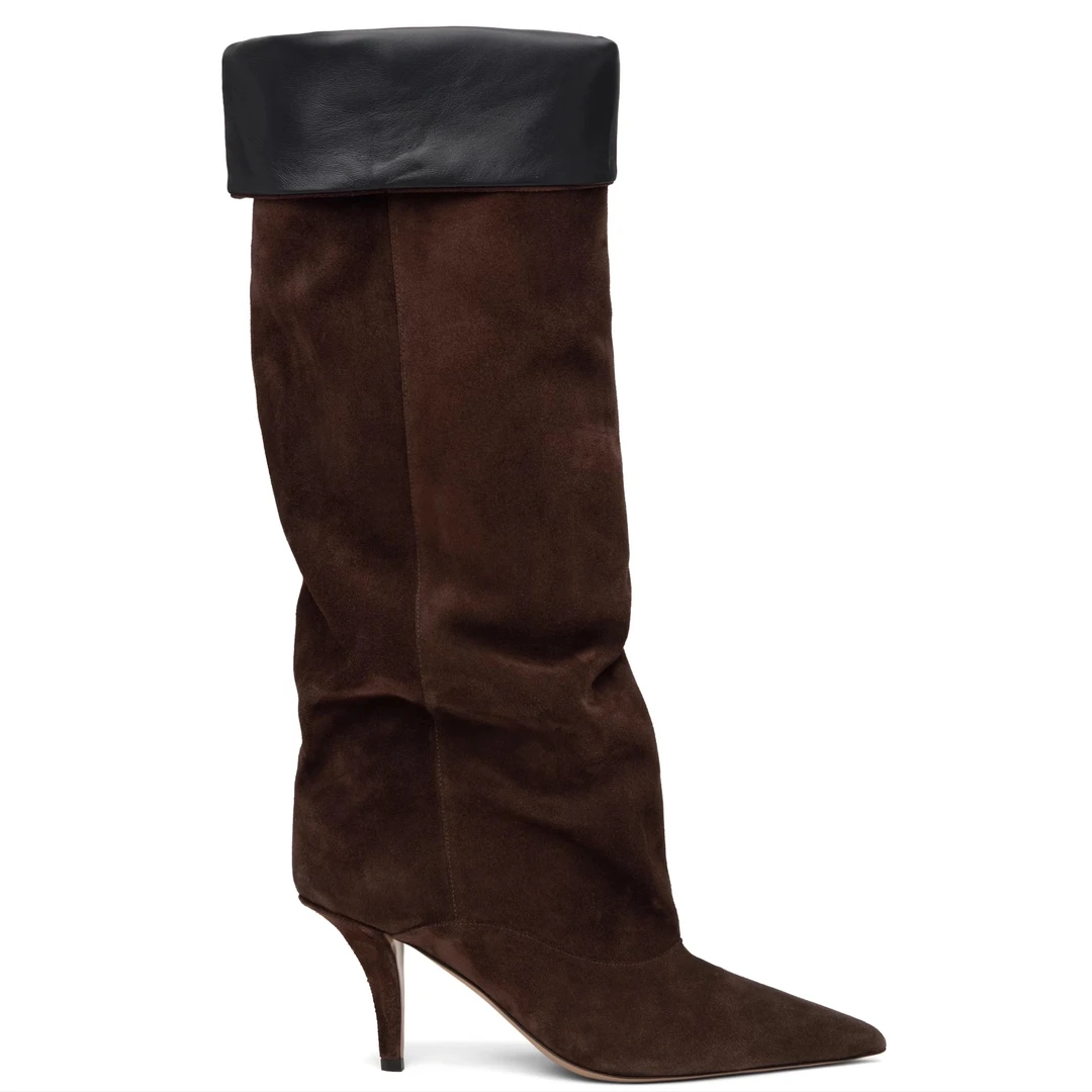 POMORROW旗舰店细高跟长筒靴翻毛皮靴子磨砂皮翻领时装靴尖头女靴