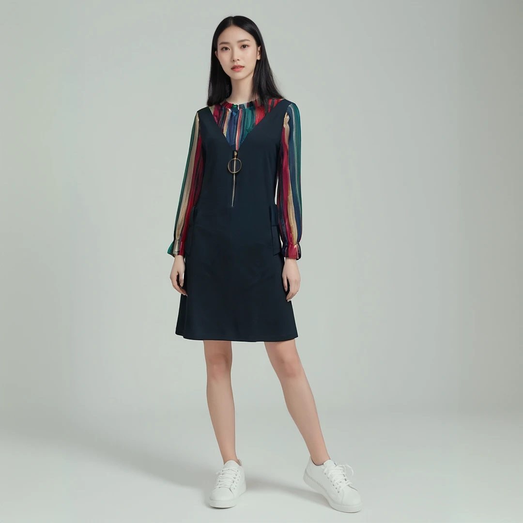 外贸清仓春夏纱袖金线连衣裙气质显瘦长袖简约百搭潮流网红时尚