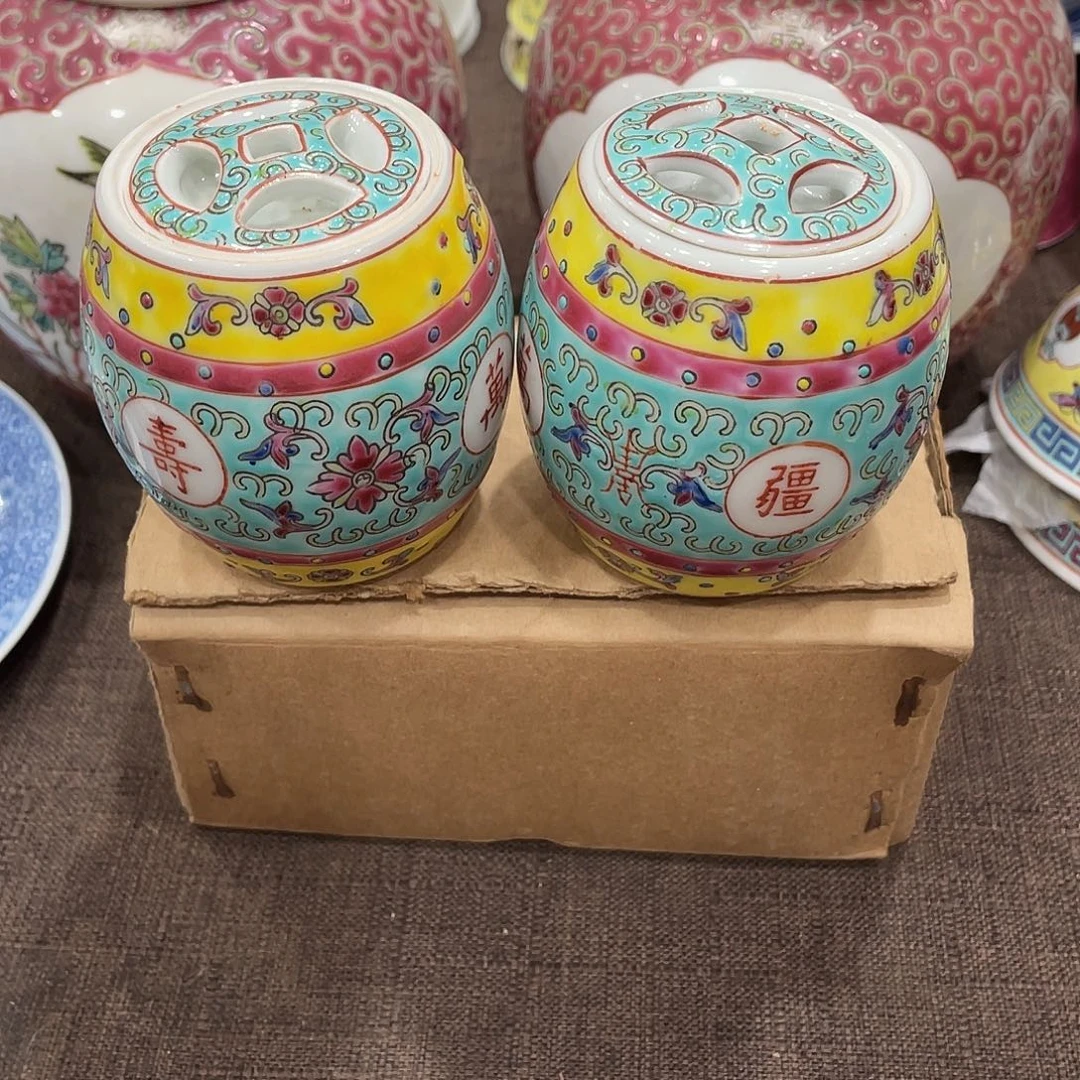 瓷片景德镇粉彩绿万寿腰鼓罐