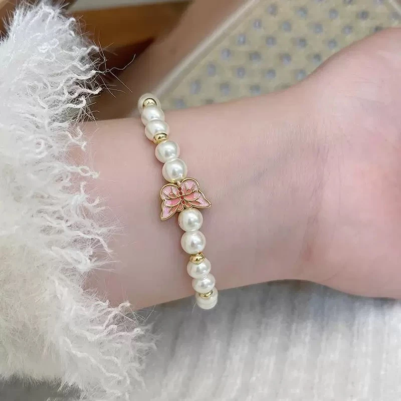 铜合金仿珍珠手链 清新甜美珐琅蝴蝶手链女2025年新款个性时尚