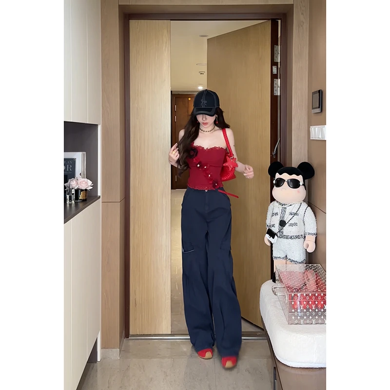 小雨姐姐新款【红调波尔多】时尚纯欲性感蕾丝花边立体花朵背心上衣