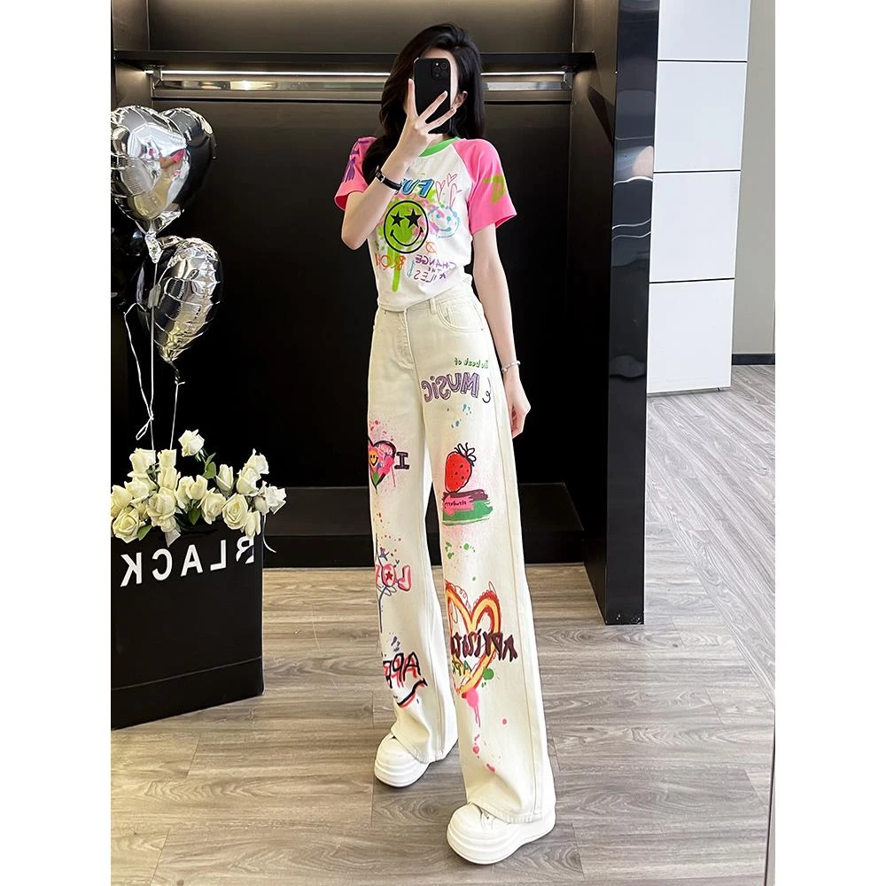 多巴胺小众通勤时尚套装夏装宽松炸街洋气衣服女高腰牛仔裤两件套