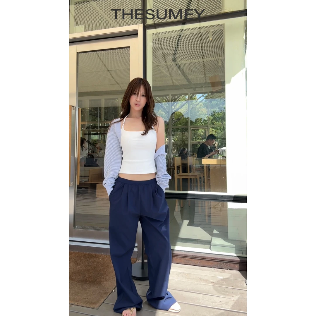 THESUMEY蓝色直筒休闲裤女2025夏季新款松紧腰宽松垂坠感阔腿长裤