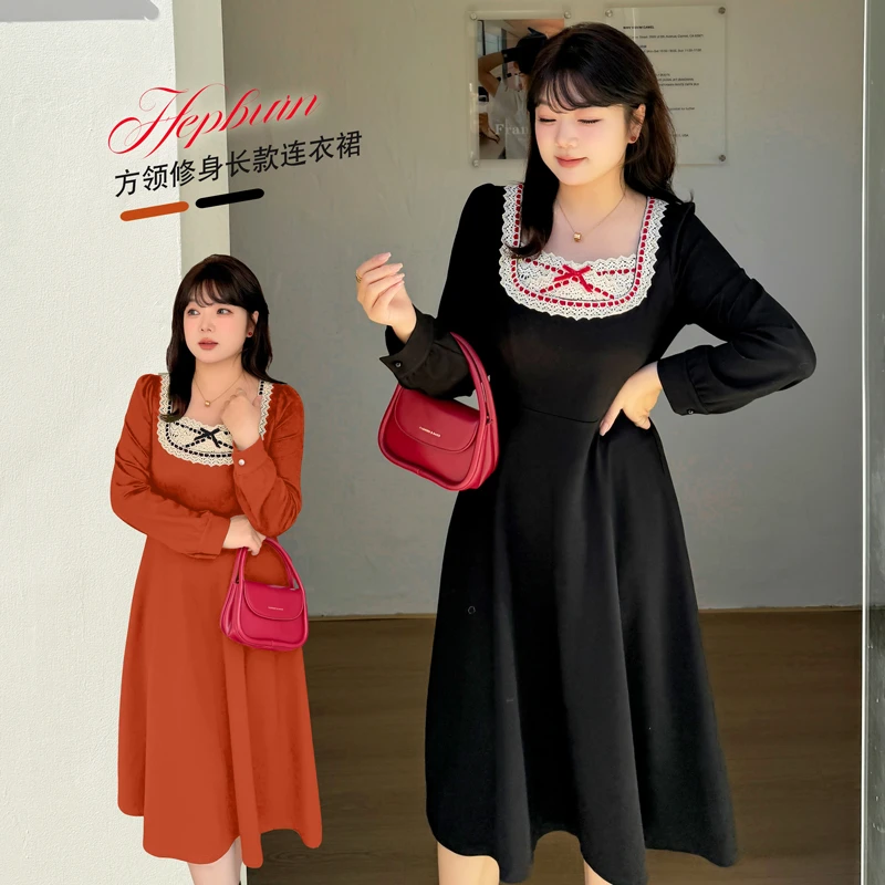 大码女装240斤胖MM时尚气质蝴蝶结甜美撞色方领长款连衣裙k2953