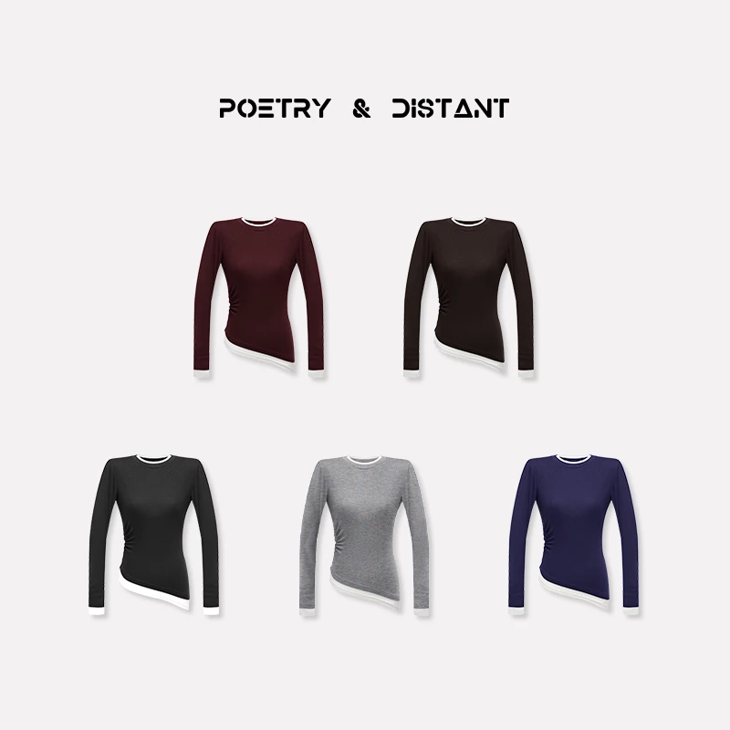 【云朵面膜T】天丝羊毛混纺侧褶假两件长袖T恤女撞色修身显瘦上衣