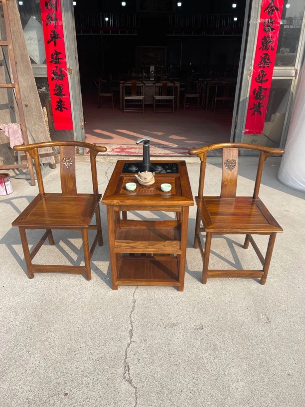 北方老榆木材质二人茶台茶桌椅子三件套（不含电器）禅意家用简约