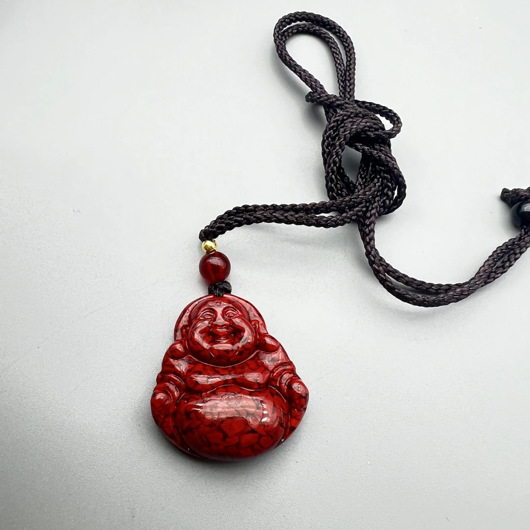 含辰砂工艺品JT141-晶体砂雕刻弥勒佛大号吊坠