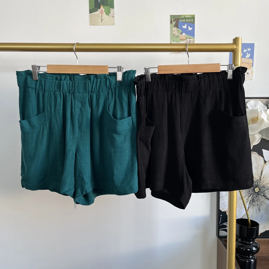 亚麻高腰短裤松紧腰透气1501